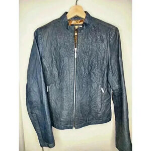 Wilsons Leather Vintage Women's Small Biker Jacket Blue Textured Lined Beautiful
